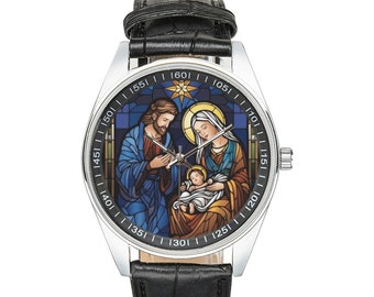Stained Glass Nativity Watch: Black Leather Band, Christian Gift