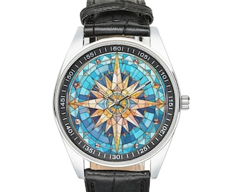 Stained Glass Compass Watch: Black Leather Band, Stainless Steel Case