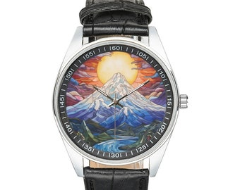 Mount Fuji Watch: Stained Glass Style, Black Leather Band
