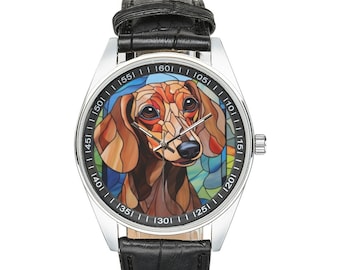 Stained Glass Dachshund Watch: Black Leather Band, Unisex Design