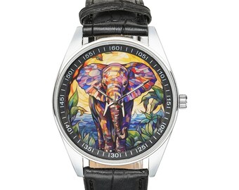 Stained Glass Elephant Watch: Black Leather Band, Animal Lover Gift