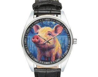 Starry Night Pig Watch: Black Leather Band, Pig Lover Gift
