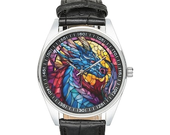 Stained Glass Dragon Watch with Black Leather Band, Watches for Men and Women - Perfect Gift for Dragon Lovers