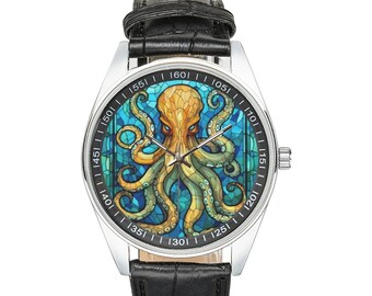 Stained Glass Octopus Watch: Black Leather Band, Silver-Tone Case