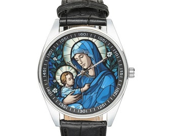 Stained Glass Mother Mary Watch: Black Leather Band, Christian Gift