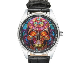 Montre colorée en forme de tête de mort en vitrail avec bracelet en cuir noir, montres pour hommes et femmes - Cadeau parfait pour les amateurs de têtes de mort colorées