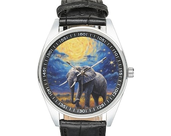Starry Night Elephant Watch: Black Leather Band, Men's & Women's Timepiece