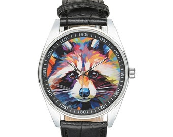 Modernist Waschbär Uhr mit schwarzem Lederband, Uhren für Herren und Damen - Perfektes Geschenk für Waschbär Liebhaber