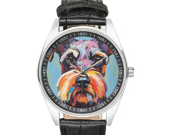 Modernistische Zwergschnauzer-Uhr mit schwarzem Lederarmband, Uhren für Männer und Frauen – perfektes Geschenk für Zwergschnauzer-Liebhaber