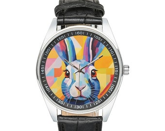 Montre Lapin moderniste avec bracelet en cuir noir, montres pour hommes et femmes - Cadeau parfait pour les amoureux des lapins