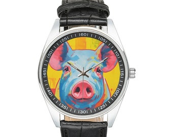 Modernist Pig Watch: Silver-Tone & Black Leather Band