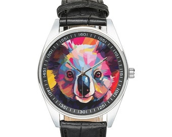 Modernistische Koalabär-Uhr mit schwarzem Lederarmband, Uhren für Männer und Frauen – perfektes Geschenk für Koalabär-Liebhaber