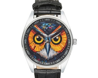 Montre hibou moderniste avec bracelet en cuir noir, montres pour hommes et femmes - Cadeau parfait pour les amateurs de hibou