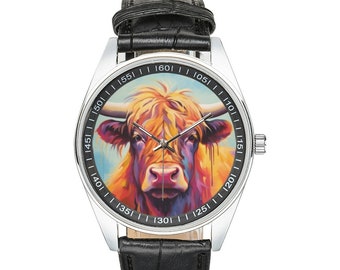 Modernistische Highland-Kuh-Uhr mit schwarzem Lederband, Uhren für Männer und Frauen – perfektes Geschenk für Highland-Kuh-Liebhaber