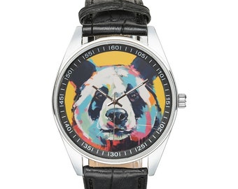 Montre panda moderniste avec bracelet en cuir noir, montres pour hommes et femmes - Cadeau parfait pour les amateurs de cochons