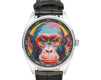 Montre singe moderniste avec bracelet en cuir noir, montres pour hommes et femmes - Cadeau parfait pour les amateurs de singes