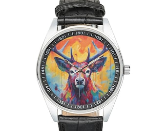 Modernist Reindeer Armbanduhr mit schwarzem Lederband, Uhren für Männer und Frauen - Perfektes Geschenk für Rentier-Liebhaber