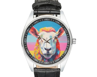 Montre mouton moderniste avec bracelet en cuir noir, montres pour hommes et femmes - Cadeau parfait pour les amateurs de moutons