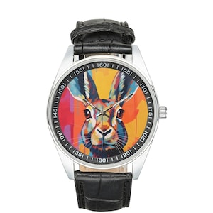 Modernist Hare Watch: Black Leather Band, Animal Art