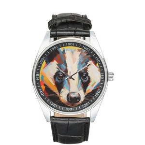 Modernist Badger Watch: Black Leather Band, Animal Lover Gift