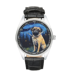 Starry Night Pug Watch: Black Leather Band, Stainless Steel Case