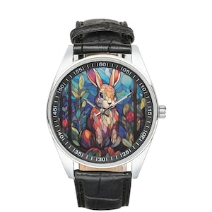 Reloj de conejo de vidrieras con correa de cuero negro, relojes para hombres y mujeres, regalo perfecto para los amantes de los conejos imagen 1