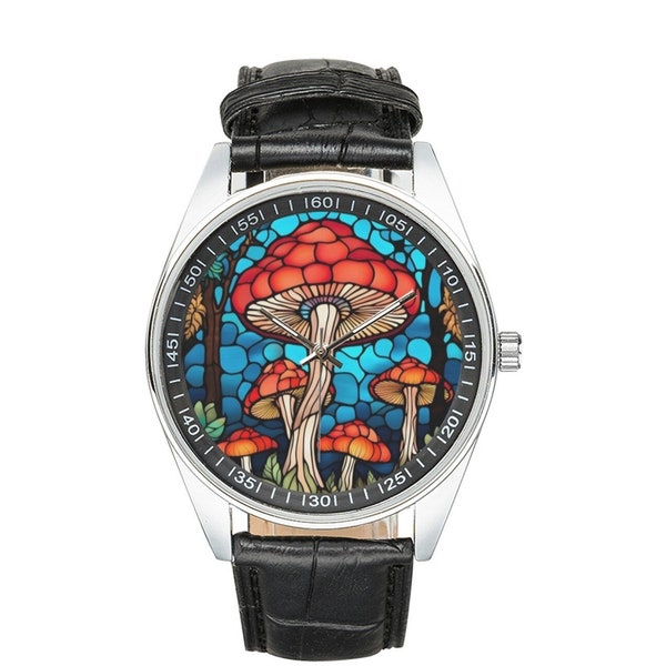 Stained Glass Mushroom Watch with Black Leather Band, Watches for Men and Women - Perfect Gift for Mushroom Lovers