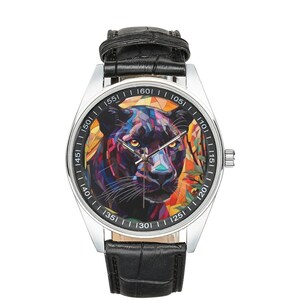 Stained Glass Panther Watch with Black Leather Band, Watches for Men and Women - Perfect Gift for Panther Lovers