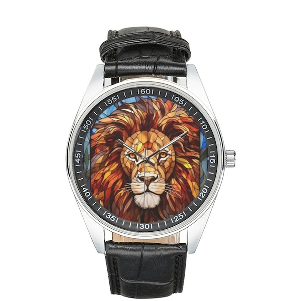 Montre lion en vitrail avec bracelet en cuir noir, montres pour hommes et femmes - Cadeau parfait pour les amoureux des lions