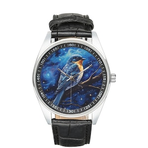 Starry Night Swallow Watch: Black Leather Band, Bird Lover Gift