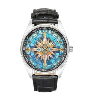 Stained Glass Compass Watch with Black Leather Band, Watches for Men and Women - Perfect Gift for Compass Lovers