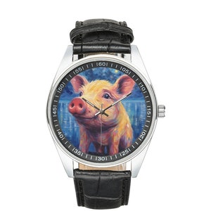 May include: A silver wristwatch with a black leather band. The watch face features a colorful painting of a pig with a blue background.