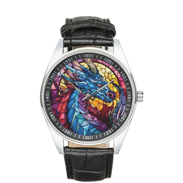 Stained Glass Dragon Watch with Black Leather Band, Watches for Men and Women - Perfect Gift for Dragon Lovers
