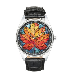 Glasmalerei-Ahornblatt-Uhr mit schwarzem Lederband, Uhren für Herren und Damen - Perfektes Geschenk für Maple Leaf-Liebhaber