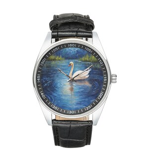 Starry Night Swan Watch: Black Leather Band, Stainless Steel Case