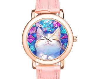 White Cat Watch, Rose Gold Bezel, Pink Leather Band, Kawaii Gift