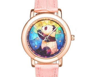 Cute Panda Watch With Rose Gold Plated Bezel and Pink Leather Band Pastel Goth Watches for Women and Kids Kawaii Gift to Panda Lovers Etsy UK