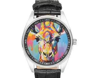 Montre girafe moderniste avec bracelet en cuir noir, montres pour hommes et femmes - Cadeau parfait pour les amateurs de girafes