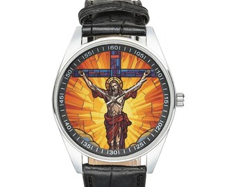 Stained Glass Crucifixion Watch: Black Leather Band, Christian Gift