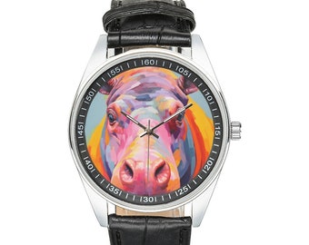 Modernist Hippopotamus Armbanduhr mit schwarzem Lederband, Uhren für Männer und Frauen - Perfektes Geschenk für Nilpferdliebhaber