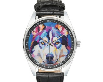 Modernist Siberian Husky Uhr mit schwarzem Lederband, Uhren für Herren und Damen - Perfektes Geschenk für Siberian Husky-Liebhaber