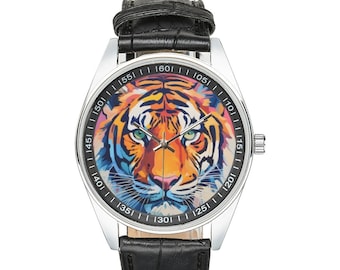 Montre tigre moderniste avec bracelet en cuir noir, montres pour hommes et femmes - Cadeau parfait pour les amateurs de tigres