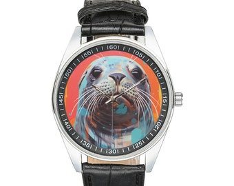 Montre sceau moderniste avec bracelet en cuir noir, montres pour hommes et femmes - Cadeau parfait pour les amateurs de phoques