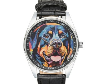 Modernist Rottweiler Armbanduhr mit schwarzem Lederband, Uhren für Männer und Frauen - Perfektes Geschenk für Rottweiler-Liebhaber