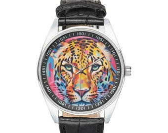 Modernistische Leopardenuhr mit schwarzem Lederband, Uhren für Männer und Frauen – perfektes Geschenk für Leopardenliebhaber