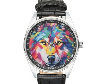 Modernistische Wolfsuhr mit schwarzem Lederband, Uhren für Männer und Frauen – perfektes Geschenk für Wolfsliebhaber