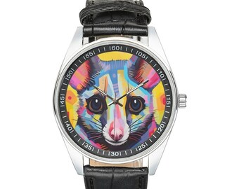 Montre Possum moderniste avec bracelet en cuir noir, montres pour hommes et femmes - Cadeau parfait pour les amateurs de Possum