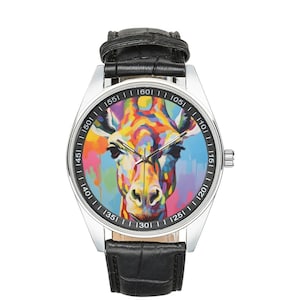 Modernist Giraffe Watch: Black Leather Band, Animal Lover Gift