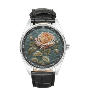 Pink Rose Embroidery Watch: Black Leather Band, Floral Timepiece