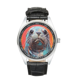 Modernist Seal Watch with Black Leather Band, Watches for Men and Women - Perfect Gift for Seal Lovers